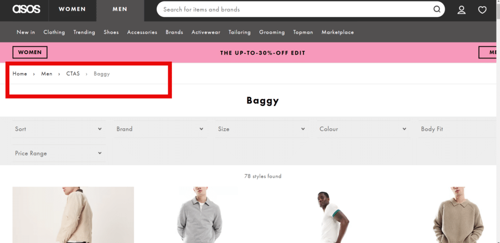 ASOS's breadcrumb navigation