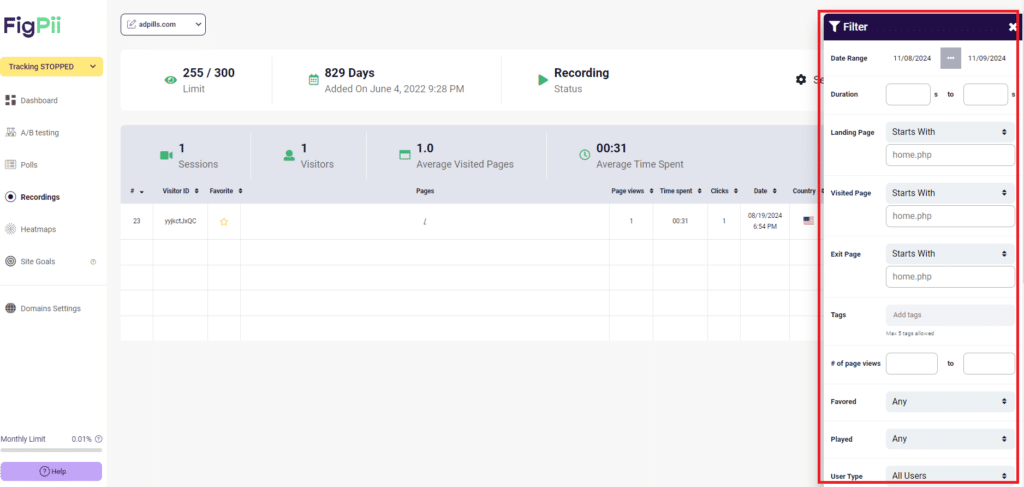 FigPii’s Session Recording; Using filters to choose session recordings