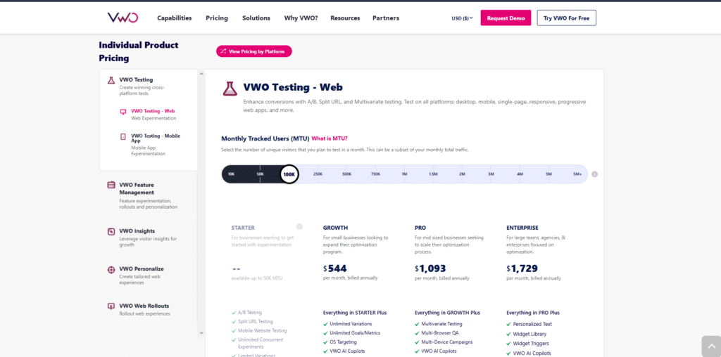 VWO Pricing Plan for Web Testing