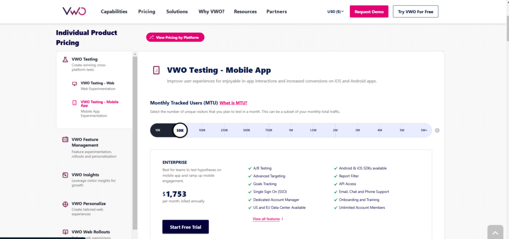 VWO Pricing Plan for Mobile App